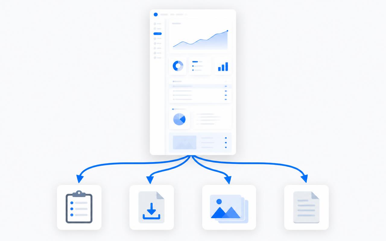 Copy, download, and PDF export options with format and quality settings